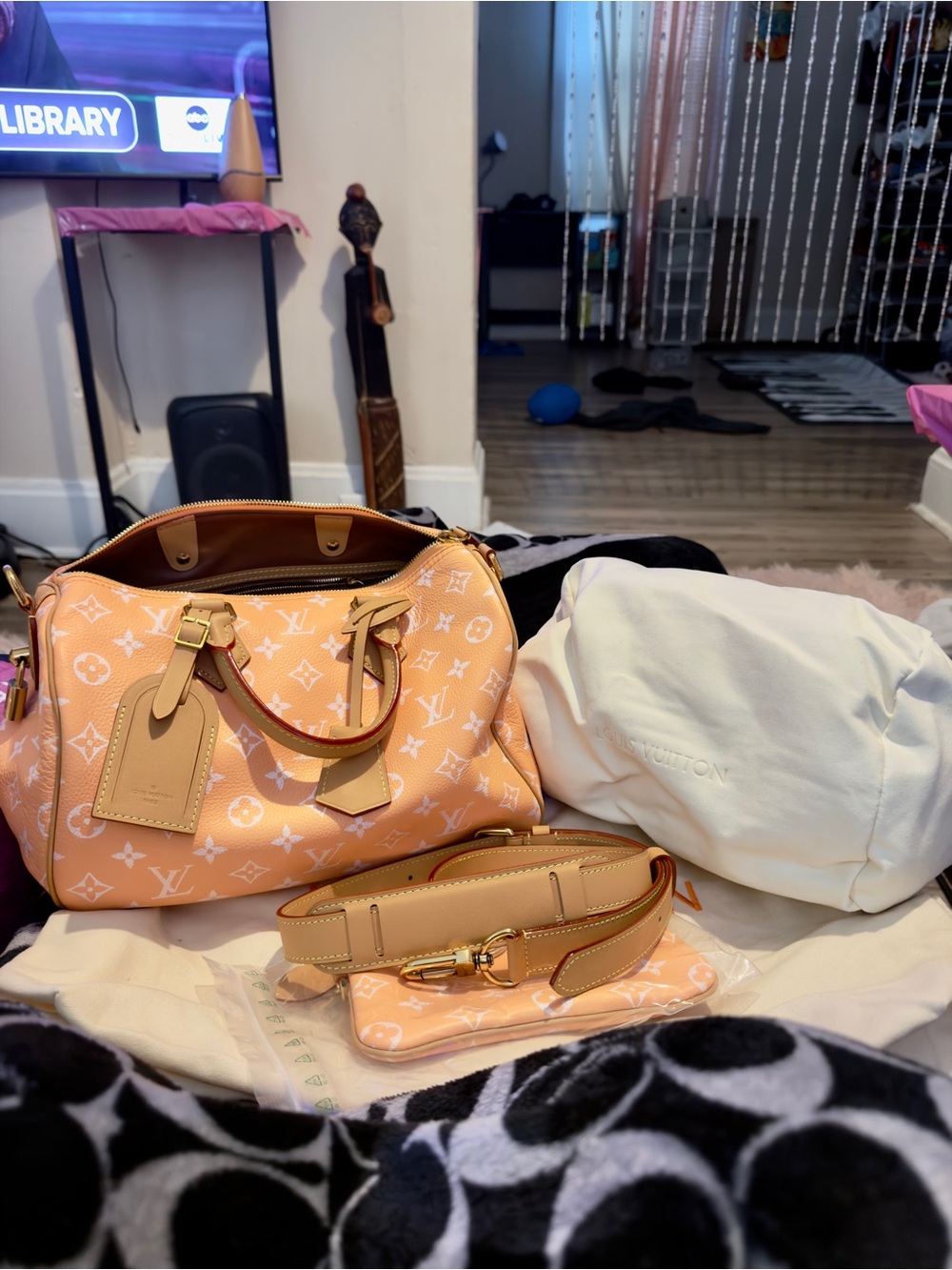 Source Unknown Peach Monogram Satchel with Tan Trim and Gold Hardware